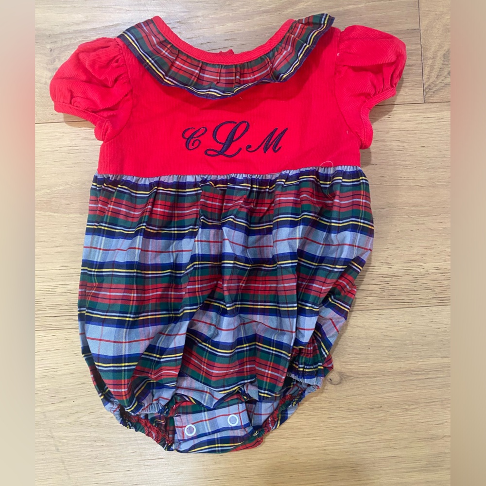 Red and Plaid holiday baby girls bubble monogrammed cLm worn once size 3m EUC